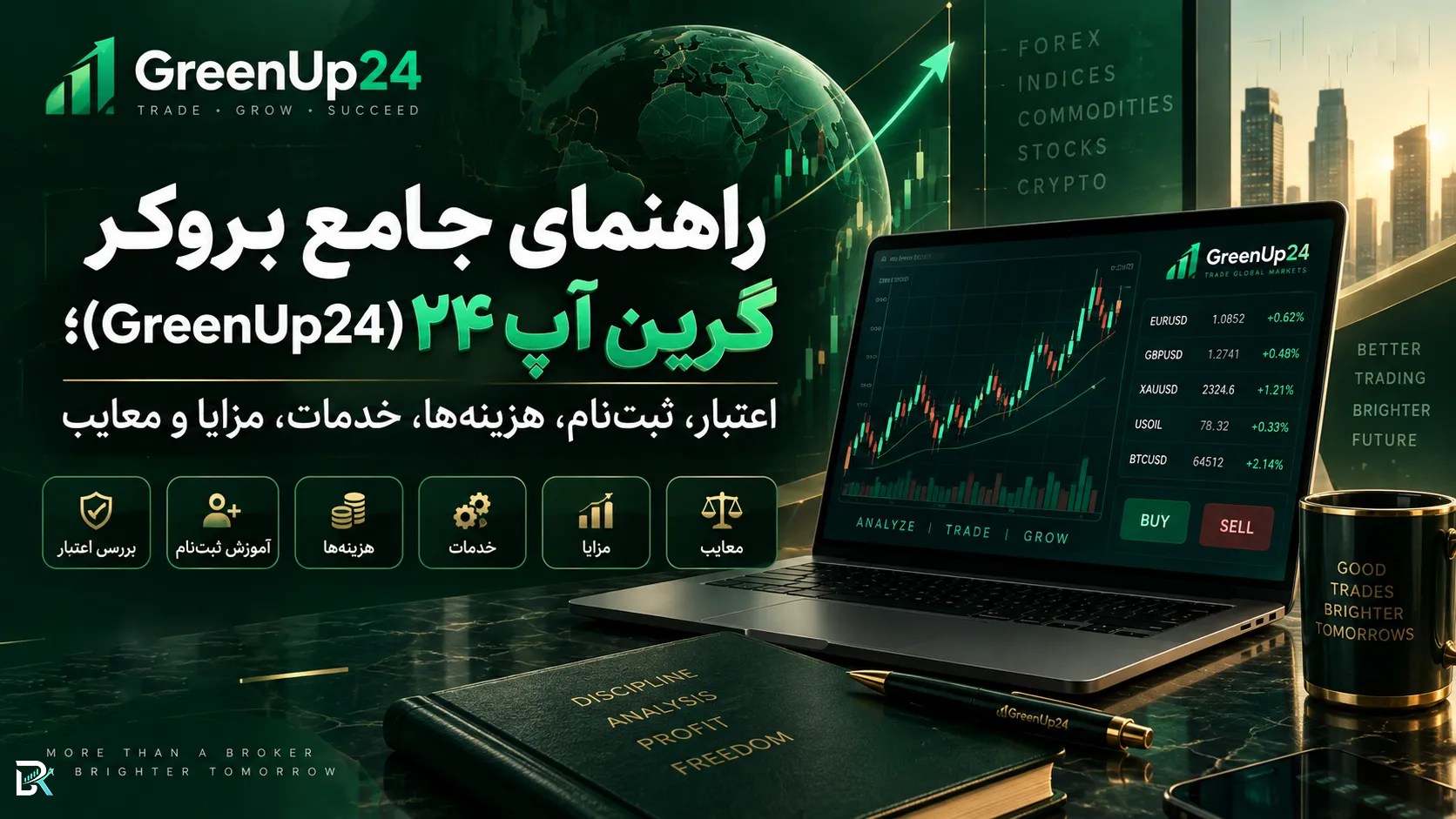 راهنمای جامع بروکر گرین آپ ۲۴ (GreenUp24)؛ اعتبار، ثبت‌نام، هزینه‌ها، خدمات، مزایا و معایب